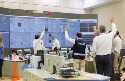 Engineers at the Barakah Nuclear Power Plant Abu Dhabi after the first reactor was turned on. Courtesy: Sheikh Mohammed Twitter 