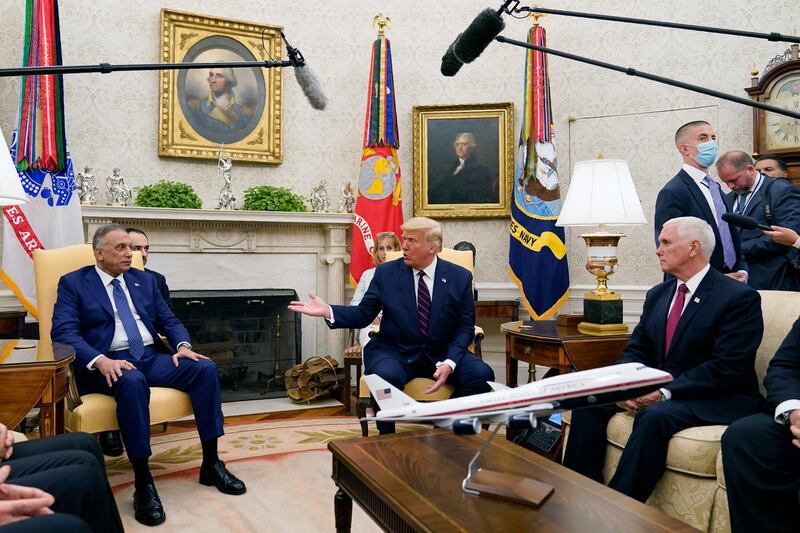 President Donald Trump meets with Iraqi Prime Minister Mustafa Al Kadhimi in the Oval Office of the White House, Thursday, August 20, 2020, in Washington. AP Photo
