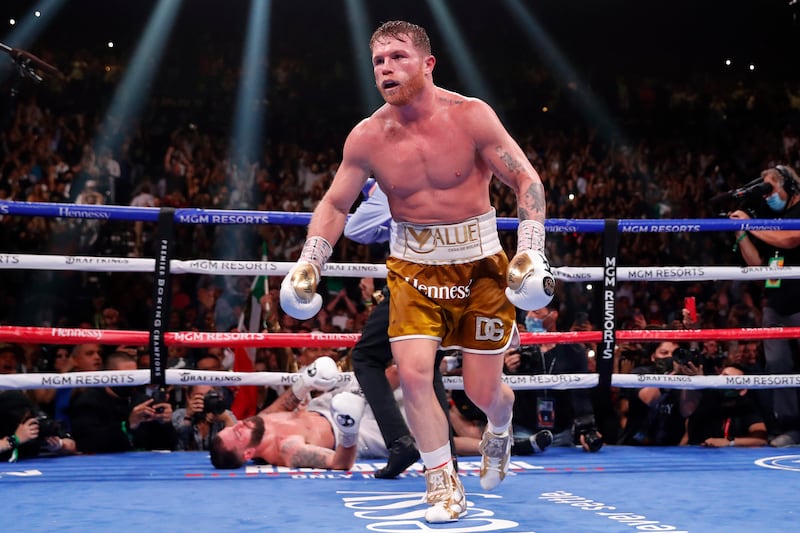 Canelo Alvarez, of Mexico, knocks down Caleb Plant to win a super middleweight title unification fight Saturday, Nov.  6, 2021, in Las Vegas.  (AP Photo / Steve Marcus)
