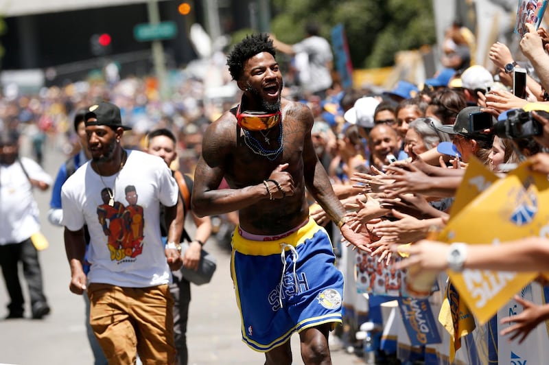Golden State Warriors forward Jordan Bell celebrates with fans. Bell has got his career off to quite a start - the 2017-18 championship season was his first year in the NBA. Cary Edmondson / Reuters