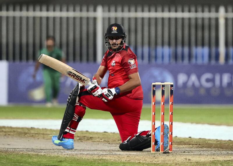 Sharjah, United Arab Emirates - Reporter: Paul Radley. Sport. Cricket. Sharjah's Umair Ali bats. The second season of the Emirates D10, Fujairah v Sharjah. Wednesday, March 24th, 2021. Sharjah. Chris Whiteoak / The National