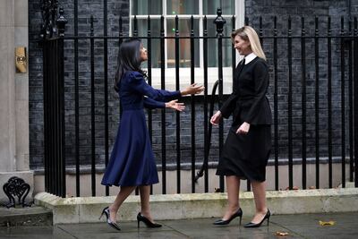 First Lady of Ukraine Olena Zelenska, right, is greeted by Rishi Sunak's wife Akshata Murty outside 10 Downing Street in London. PA