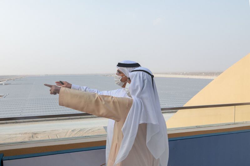 Sheikh Mohammed views the 300-megawatt first stage of the fifth phase of the Mohammed bin Rashid Al Maktoum Solar Park.