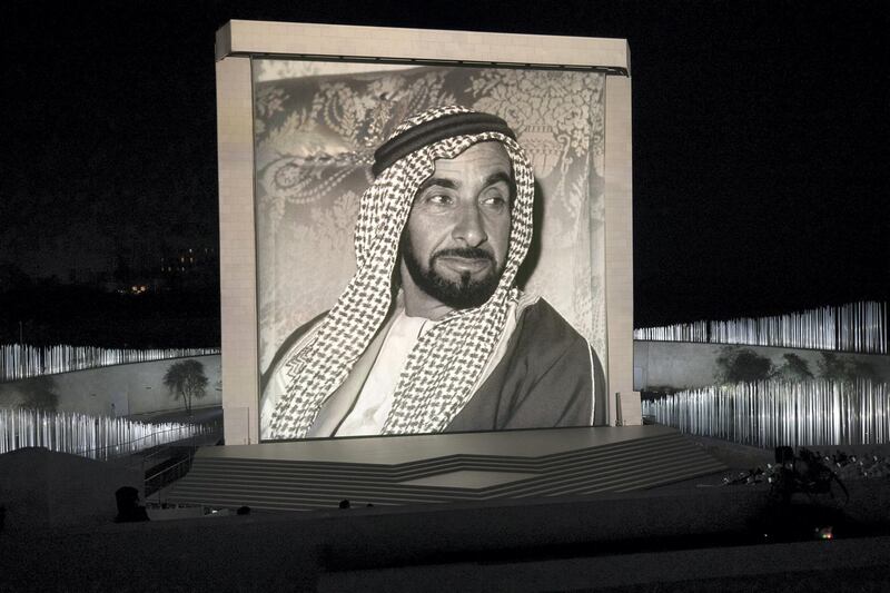 ABU DHABI, UNITED ARAB EMIRATES - February 26, 2018: A photograph of HH Sheikh Zayed bin Sultan bin Zayed Al Nahyan, President of the United Arab Emirates is displayed during the inauguration of The Founder's Memorial.

(  Hamad Al Mansoori for The Crown Prince Court - Abu Dhabi )
---