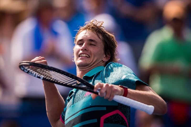 epa06929930 Alexander Zverev, of Germany, celebrates his win over Alex De Minaur, of Australia, in the singles finals at the Citi Open tennis tournament at the Fitzgerald Tennis Center in Washington, DC, USA, 05 August 2018.  Zverev, for the second year in a row, won the men's singles title 6-2, 6-4.  EPA/PETE MAROVICH