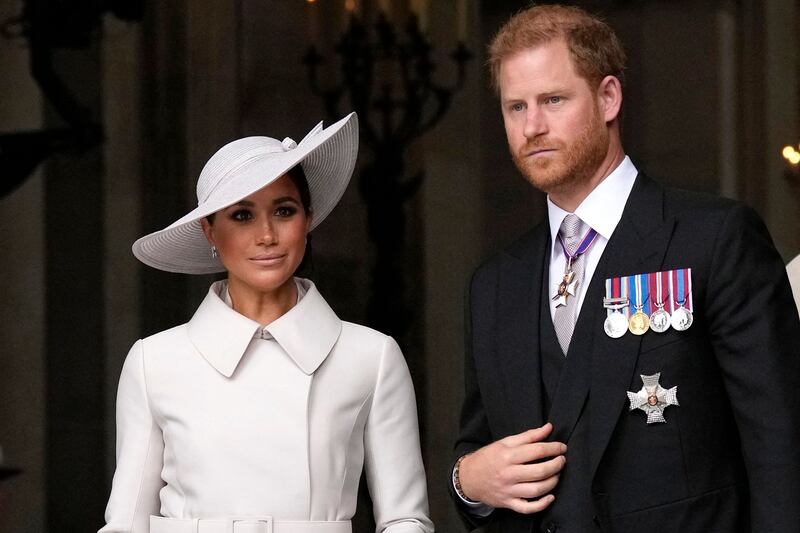 Prince Harry and his wife, Meghan, on June 3 at Westminster Cathedral for the queen's jubilee service. AFP.