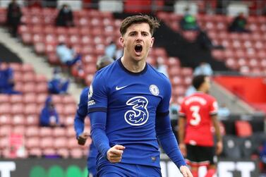 Chelsea's Mason Mount celebrates after scoring his side's opening goal during the English Premier League soccer match between Chelsea and Southampton at St. Mary's Stadium in Southampton, England, Saturday, Feb.20, 2021. (Michael Steele/Pool via AP)