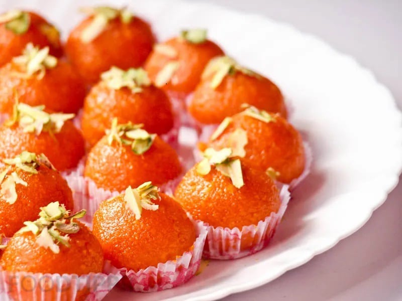 Motichoor laddoo, made from fine globules of besan fried in ghee and soaked with sugar syrup.