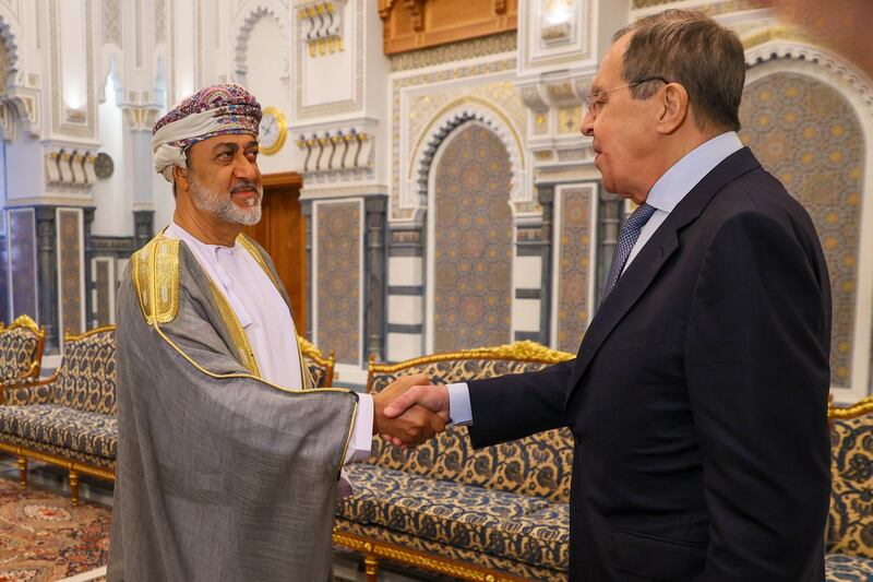 Russian Foreign Minister Sergey Lavrov, right, shakes hands with Sultan Haitham bin Tariq Al Said of Oman during their meeting in Muscat.  EPA
