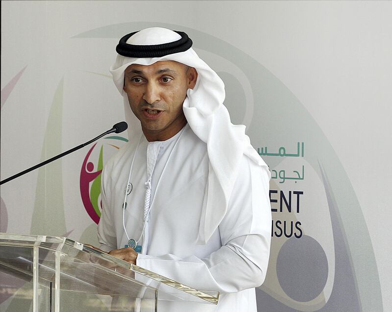 Dubai, Feb 10, 2018: Dr.Abdulla Al Karam, Chairman of the Board of Directors and Director General of the Knowledge and Human Development Authority (KHDA) gestures during the Celebration of Dubai Student Wellbeing Census in Dubai. Satish Kumar for the National / Story by Roberta Pennington