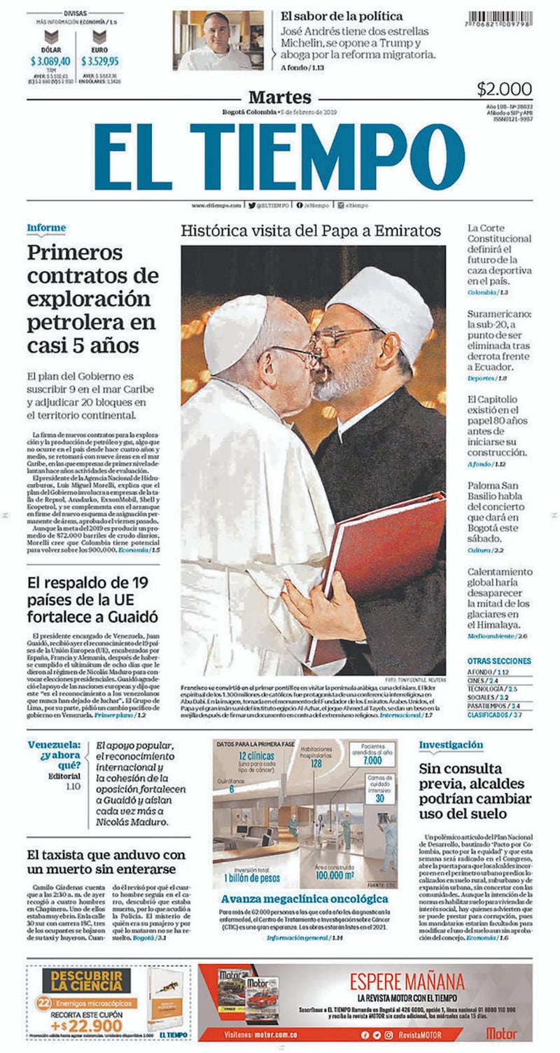 El Tiempo front page 