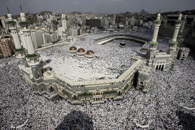 About two million pilgrims from around the world attend the Friday prayer at the Grand Mosque during Hajj in 2005.