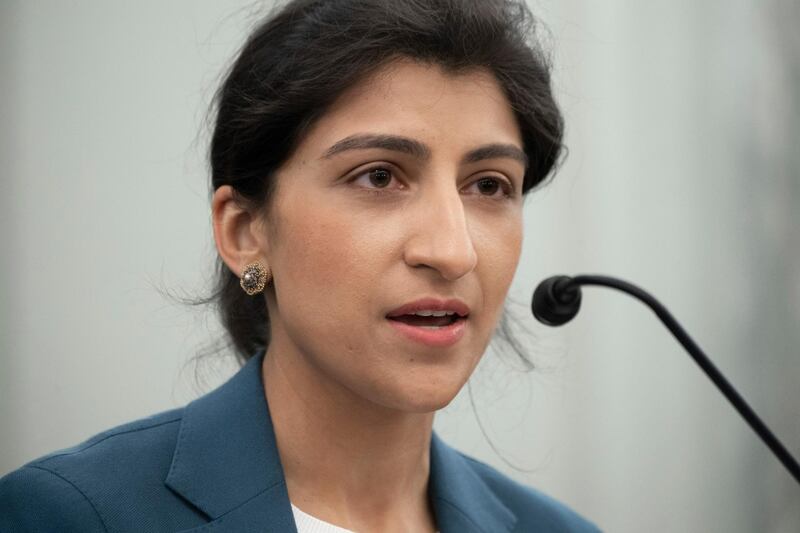 FILE - In this April 21, 2021, file photo, Lina Khan, nominee for Commissioner of the Federal Trade Commission (FTC), speaks during her confirmation hearing on Capitol Hill in Washington. Khan was sworn in as FTC chair Tuesday, June 15, just hours after the Senate confirmed her nomination as a commissioner.  (Saul Loeb/Pool via AP, File)