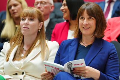 Labour's deputy leader Angela Rayner, left, and shadow chancellor Rachel Reeves at the launch of the party's general election manifesto. AP 
