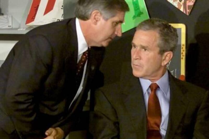 ATTENTION EDITORS - THIS FILE PICTURE IS ONE OF 83 TO ACCOMPANY THE TENTH ANNIVERSARY OF THE SEPTEMBER 11 ATTACKS. SEARCH FOR KEYWORD "9/11" TO SEE ALL THE IMAGES (PXP901-PXP983)

U.S. President George W. Bush listens as White House Chief of Staff Andrew Card informs him of a second plane hitting the World Trade Center while Bush conducting a reading seminar at the Emma E. Booker Elementary School in Sarasota, Florida in this September 11, 2001 file photo. September 11th marks the 10th anniversary of the 9/11 attacks where nearly 3,000 people died when four hijacked airliners were used in coordinated strikes on the Pentagon and the World Trade Center towers. The fourth plane crashed in Pennsylvania. REUTERS/Win McNamee/Files  (UNITED STATES - Tags: CRIME DISASTER POLITICS ANNIVERSARY) 

9-11 nine eleven Sept 11th terror attack *** Local Caption ***  PXP968_USA-SEPT11-_0901_11.JPG