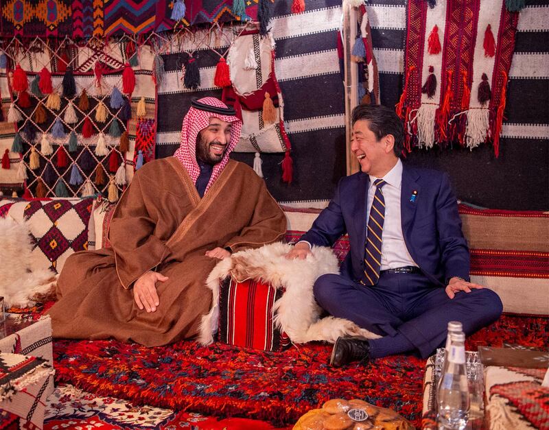 Crown Prince Mohammed bin Salman meets with Mr. Abe during a meeting in Riyadh.