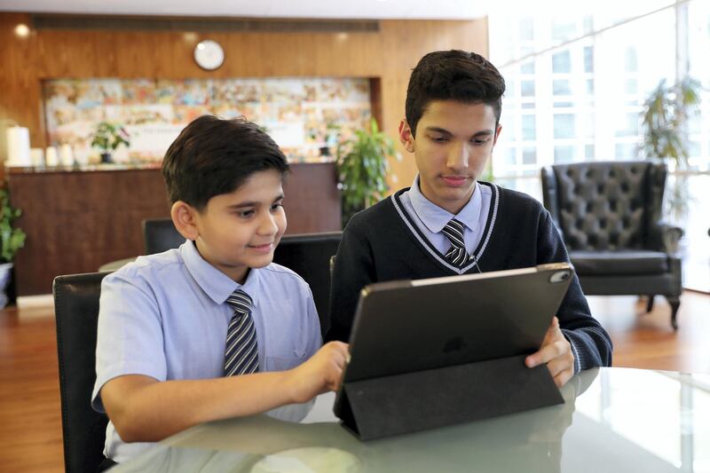 DUBAI ,  UNITED ARAB EMIRATES , JUNE 11 – 2019 :- Left to Right – Arham Jain and Muhammed Hafesjee , grade 8 student of GEMS Modern Academy developed the GMA lost and found website at the GEMS Modern Academy in Dubai. ( Pawan Singh / The National ) For News. Story by Anam