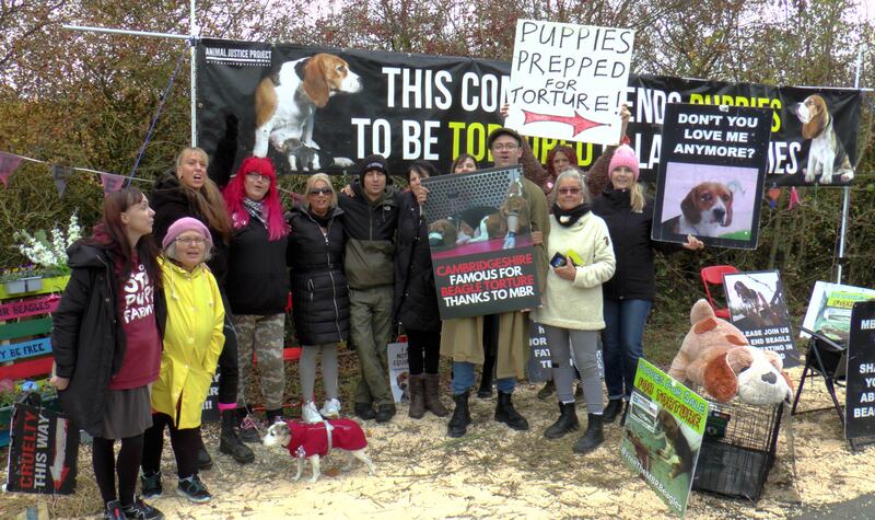 Young and other activists during an anti-vivisection demonstration outside the MBR Acres research site. Photo: tcm.digital