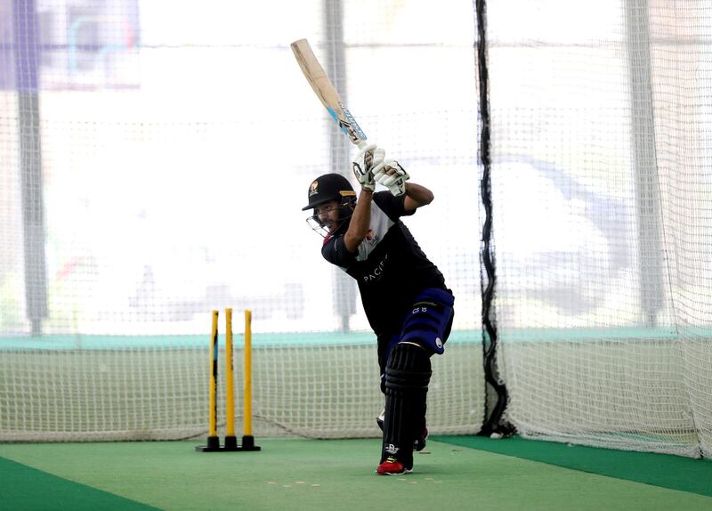 Dubai, United Arab Emirates - Reporter: Paul Radley. Sport.  Chirag Suri bats. The UAE cricket team are back at training at the ICC academy after the government have eased restrictions due to Coivd-19/Coronavirus. Sunday, June 7th, 2020. Dubai. Chris Whiteoak / The National