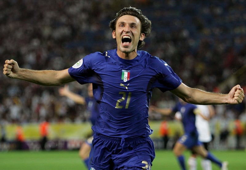 Andrea Pirlo celebrates Italy's first goal in extra time of the World Cup semifinal against Germany in 2006. AP