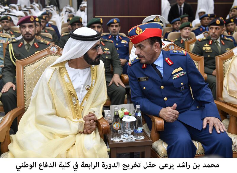 Sheikh Mohammed bin Rashid, Vice President and Ruler of Dubai, attends the graduation ceremony of the fourth session of the National Defence College in Abu Dhabi. Wam
