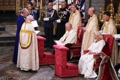 King Charles III and Queen Camilla during their coronation ceremony.