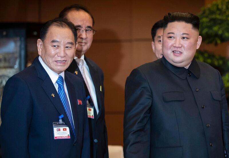 FILE - In this March 1, 2019, file photo, North Korean leader Kim Jong Un, right, accompanied by Kim Yong Chol, left, vice chairman of WorkerÊ¼s Party of Korea, meets Nguyen Thi Kim Ngan, chairwoman of Vietnam's National Assembly, at the National Assembly in Hanoi, Vietnam.  The senior North Korean official who had been reported as purged over the failed nuclear summit with Washington was shown in state media enjoying a concert alongside leader Kim Jong Un. North Korean publications on Monday, June 1, 2019, showed Kim Yong Chol sitting near a clapping Kim Jong Un and other top officials during a musical performance by the wives of Korean People's Army officers.(SeongJoon Cho/Pool Photo via AP, File)