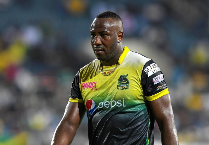 KINGSTON, JAMAICA - SEPTEMBER 19: In this handout image provided by CPL T20, Andre Russell of Jamaica Tallawahs walks off the field after an injury during match 16 of the Hero Caribbean Premier League between Jamaica Tallawahs and St Kitts and Nevis Patriots at Sabina Park on September 19, 2019 in Kingston, Jamaica. (Photo by Randy Brooks - CPL T20/CPL T20 via Getty Images)