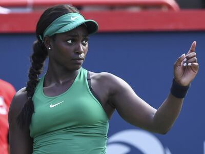 MONTREAL, QC - AUGUST 12: Sloane Stephens challenges the call in her match against Simona Halep of Romania in the final during day seven of the Rogers Cup at IGA Stadium on August 12, 2018 in Montreal, Quebec, Canada.   Minas Panagiotakis/Getty Images/AFP
== FOR NEWSPAPERS, INTERNET, TELCOS & TELEVISION USE ONLY ==

