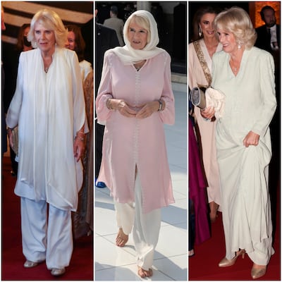 Camilla, Duchess of Cornwall in three Anna Valentine looks during her four-day tour of Egypt and Jordan in November 2021. Getty Images