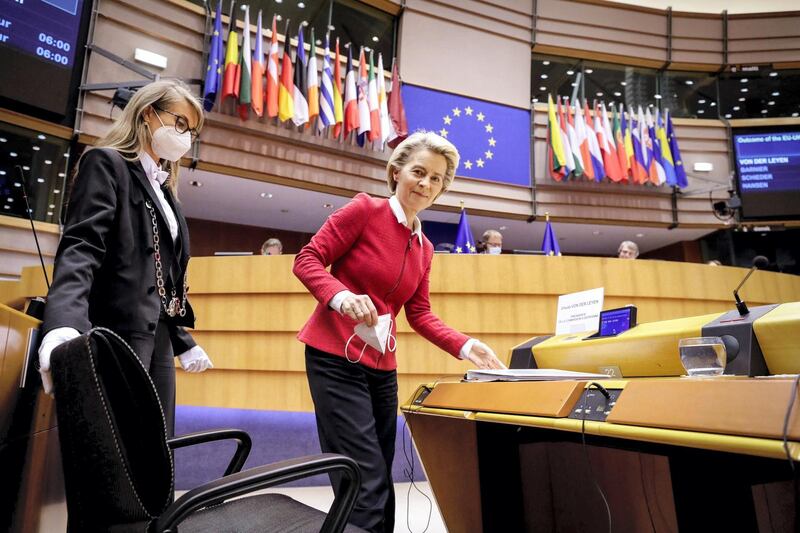 European Commission President Ursula von der Leyen arrives at the debate on EU-UK trade and cooperation agreement during the second day of a plenary session at the European Parliament in Brussels, on April 27, 2021. / AFP / POOL / OLIVIER HOSLET
