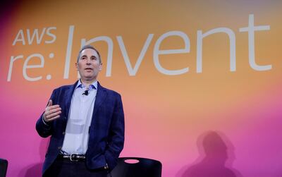 FILE - In this Dec. 5, 2019, file photo, AWS CEO Andy Jassy, discusses a new initiative with the NFL during AWS re:Invent 2019 in Las Vegas. Amazon announced Tuesday, Feb. 2, 2021, that Jeff Bezos would step down as CEO later in the year, leaving a role he's had since founding the company nearly 30 years ago. Amazon says Bezos will be replaced in the summer by Jassy, who runs Amazon's cloud business. (Isaac Brekken/AP Images for NFL, File)