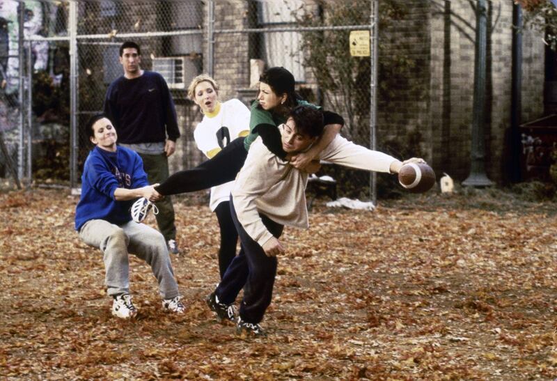 FRIENDS -- "The One with the Football" Episode 6 -- Pictured: (l-r) Courteney Cox Arquette as Monica Geller, David Schwimmer as Ross Geller, Lisa Kudrow as Phoebe Buffay, Jennifer Aniston as Rachel Green, Matt LeBlanc as Joey Tribbiani -- Photo by: Gary Null/NBCU Photo Bank 
 