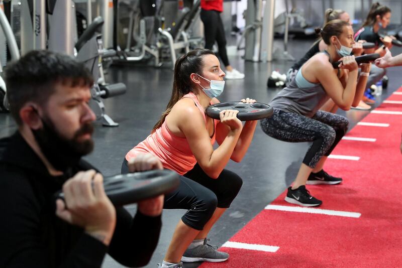 DUBAI, UNITED ARAB EMIRATES , August 10 – 2020 :- Participants during the daily ultimate training session at the UFC Gym in Murjan 6 in Jumeirah Beach Residence in Dubai. They are taking part in the 90 minutes MMA Mash up. (Pawan Singh / The National) For News/Online/Instagram. Story by Nick Webster