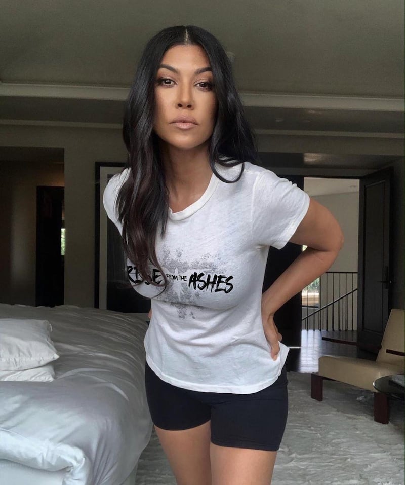 American reality TV star Kourtney Kardashian wearing Zuhair Murad's Rise from the Ashes T-shirt. Instagram / Zuhair Murad Official 