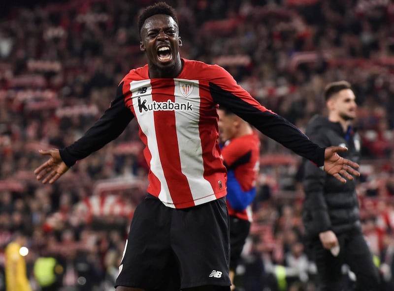 Athletic Bilbao's Inaki Williams celebrates after scoring the winner against Barcelona during the Copa del Rey quarter-final at the San Mames Stadium in February 2020. EPA