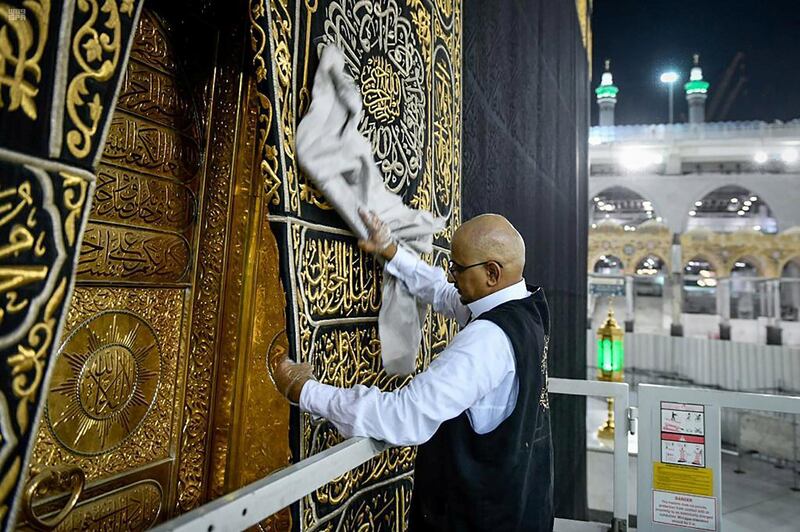 A worker cleans and sterilises the Kaaba in the holy city of Makkah, Saudi Arabia. Reuters