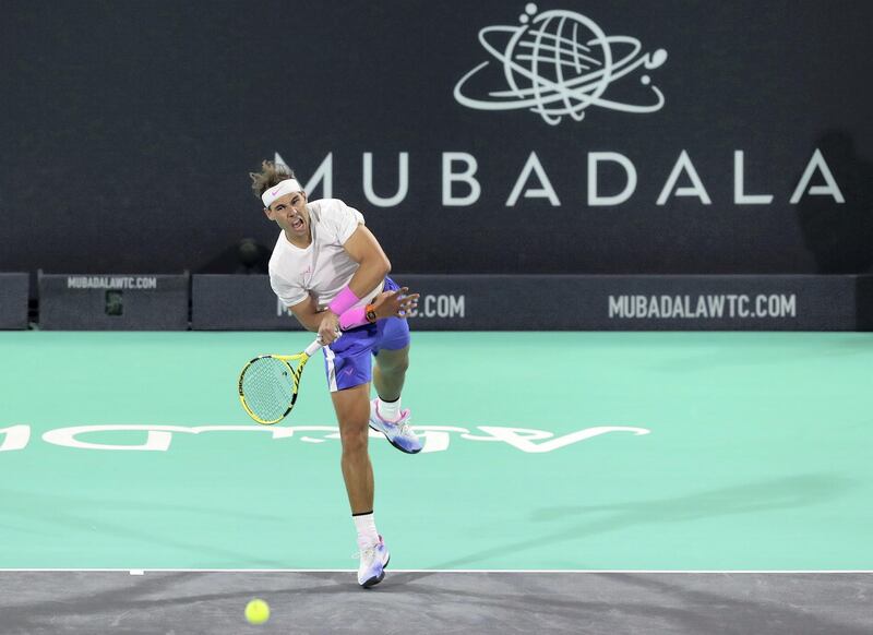 Abu Dhabi, United Arab Emirates - Reporter: Jon Turner: Rafael Nadal plays a shot during the semi final between Rafael Nadal v Karen Khachanov at the Mubadala World Tennis Championship. Friday, December 20th, 2019. Zayed Sports City, Abu Dhabi. Chris Whiteoak / The National