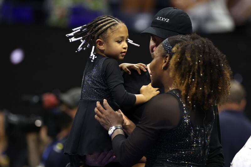 Serena Williams is greeted by her daughter Alexis Olympia Ohanian Jr  following her victory against Danka Kovinic. AFP