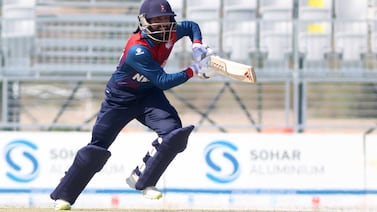 Dipendra Singh Airee of Nepal hit 36 off the final over against Qatar in the ACC Men's Premier Cup at Al Amerat Cricket Club, Oman, on Saturday, April 13, 2024. Subas Humagain