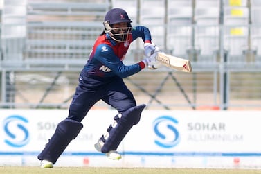 Dipendra Singh Airee of Nepal bats during the ICC World T20 Global Qualifier A match between Nepal and Oman in Muscat, Oman on 18th February 2022.