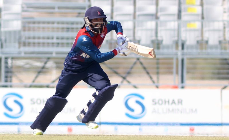 Dipendra Singh Airee of Nepal hit 36 off the final over against Qatar in the ACC Men's Premier Cup at Al Amerat Cricket Club, Oman, on Saturday, April 13, 2024. Subas Humagain
