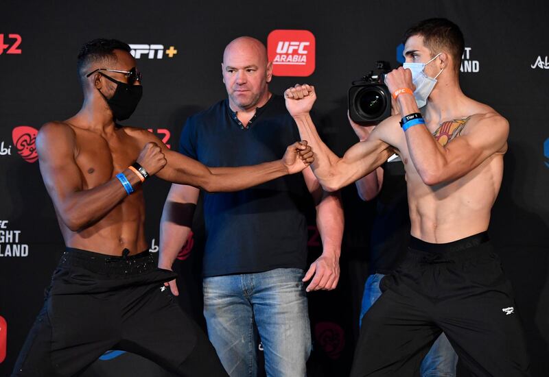 ABU DHABI, UNITED ARAB EMIRATES - JANUARY 19: (L-R) Opponents Francisco Figueiredo of Brazil and Jerome Rivera face off during the UFC weigh-in at Etihad Arena on UFC Fight Island on January 19, 2021 in Abu Dhabi, United Arab Emirates. (Photo by Jeff Bottari/Zuffa LLC) *** Local Caption *** ABU DHABI, UNITED ARAB EMIRATES - JANUARY 19: (L-R) Opponents Francisco Figueiredo of Brazil and Jerome Rivera face off during the UFC weigh-in at Etihad Arena on UFC Fight Island on January 19, 2021 in Abu Dhabi, United Arab Emirates. (Photo by Jeff Bottari/Zuffa LLC)