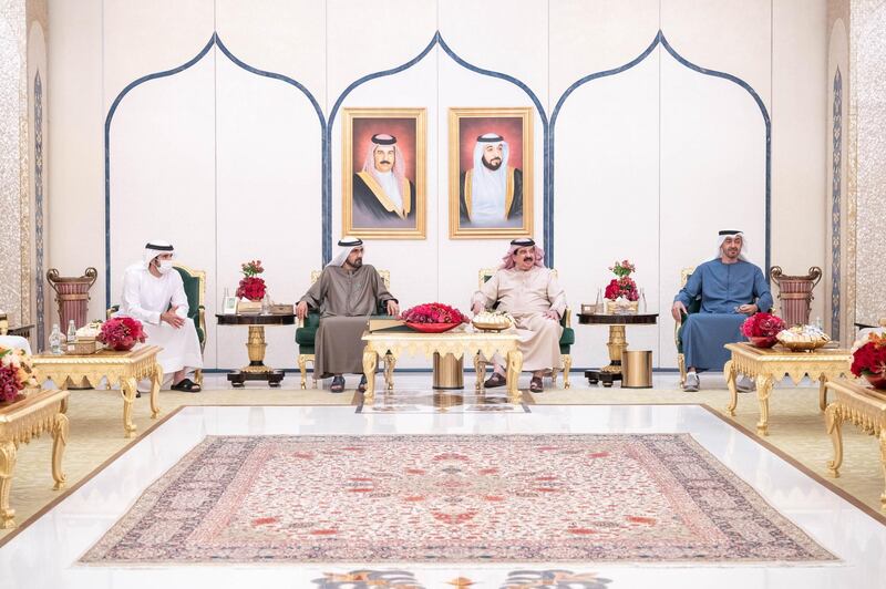 ABU DHABI, UNITED ARAB EMIRATES - February 20, 2021: HM King Hamad bin Isa Al Khalifa, King of Bahrain (2nd R) receives HH Sheikh Mohamed bin Zayed Al Nahyan, Crown Prince of Abu Dhabi and Deputy Supreme Commander of the UAE Armed Forces (R) and Sheikh Mohamed bin Rashid Al Maktoum, Vice-President, Prime Minister of the UAE, Ruler of Dubai and Minister of Defence (2nd L). Seen with HH Sheikh Hamdan bin Mohamed Al Maktoum, Crown Prince of Dubai (L).

( Rashed Al Mansoori / Ministry of Presidential Affairs )
---