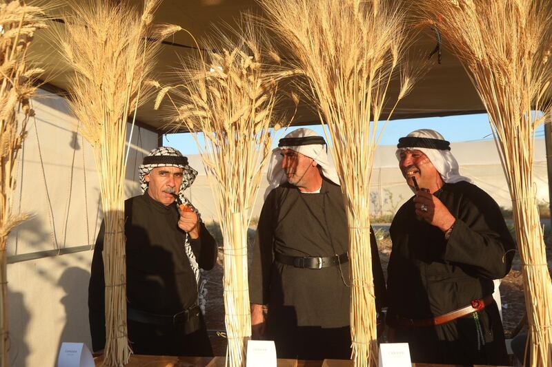 Palestinians at the annual wheat festival in Jalamah. EPA