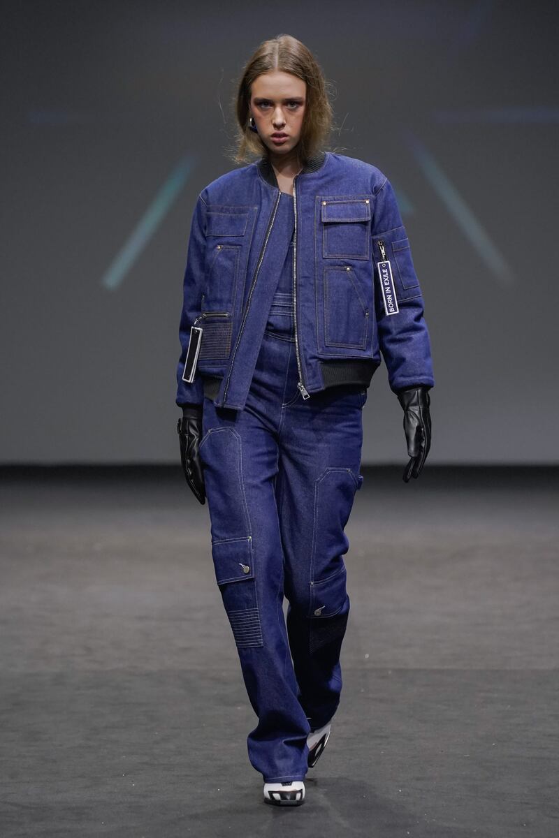 An all-denim look by Born in Exile at Arab Fashion Week.
