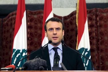 Emmanuel Macron speaks during a press conference at the Government House, in downtown Beirut in 2017. AP