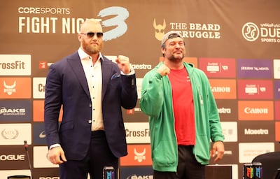 Hafthor Bjornsson, left, and Devon Larratt ahead of their CoreSports Fight Night 3 bout in Dubai. Pawan Singh / The National