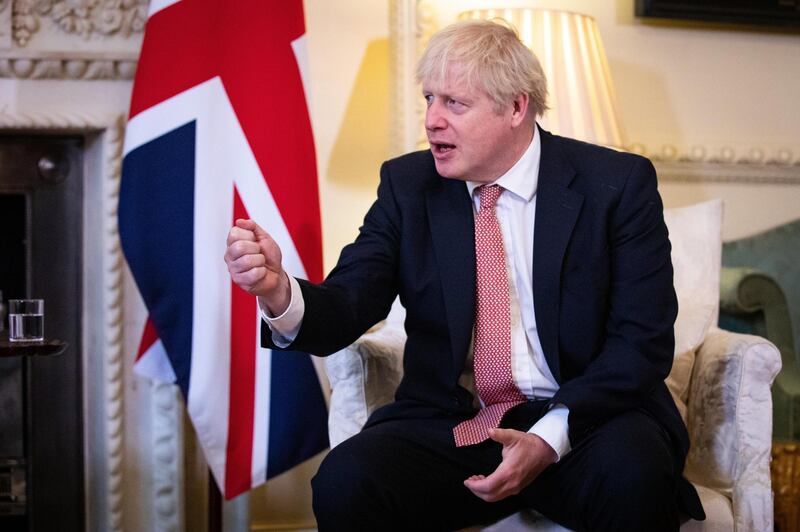 LONDON, ENGLAND - OCTOBER 08: Prime Minister Boris Johnson during a meeting with President of Ukraine, Volodymyr Zelenskyy, to sign a strategic partnership deal with the president in the face of Russia's 'destabilising behaviour' towards the country, at Downing Street on October 8, 2020 in London, England. The meeting with Mr Johnson is part of a two-day visit by Mr Zelenskyy to the UK which has included a tour of the Prince of Wales aircraft carrier in Portsmouth. (Photo by Aaron Chown - WPA Pool/Getty Images)