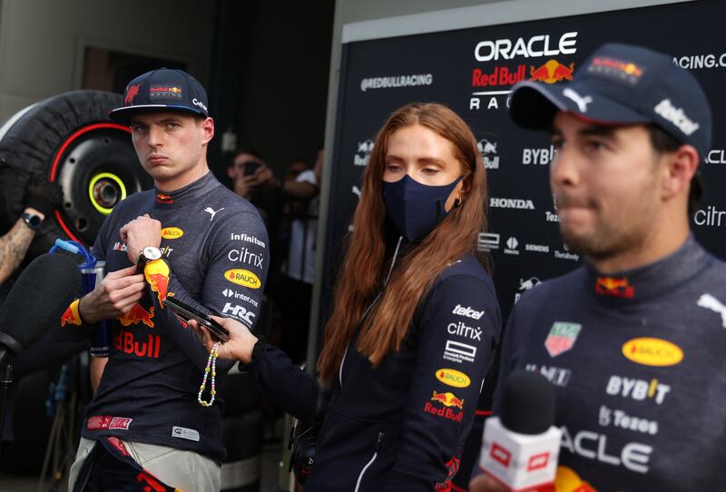 Red Bull's Max Verstappen with Sergio Perez after practice. Reuters